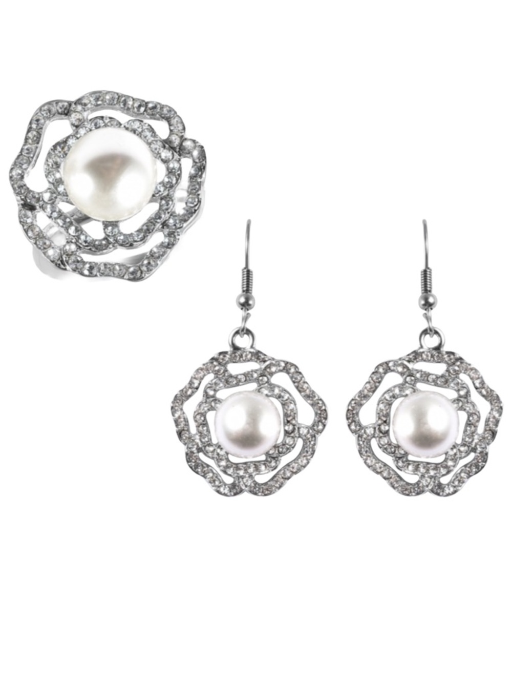 Simulated Pearl/ White Crystal Ring and Earring Set